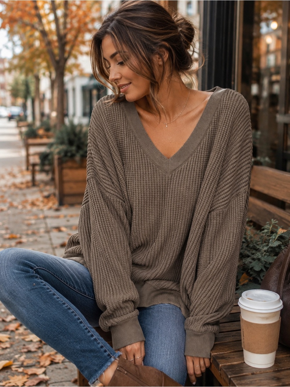 American Eagle Outfitters V-Neck Oversized Sweater - Taupe Brown